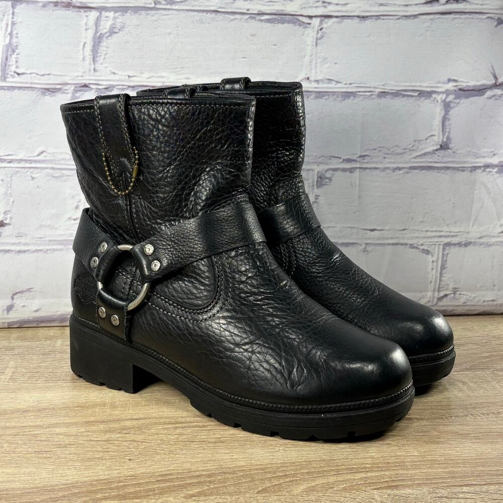Harley Davidson Black Harness Motorcycle Boots Women's 9 Biker Strap Moto